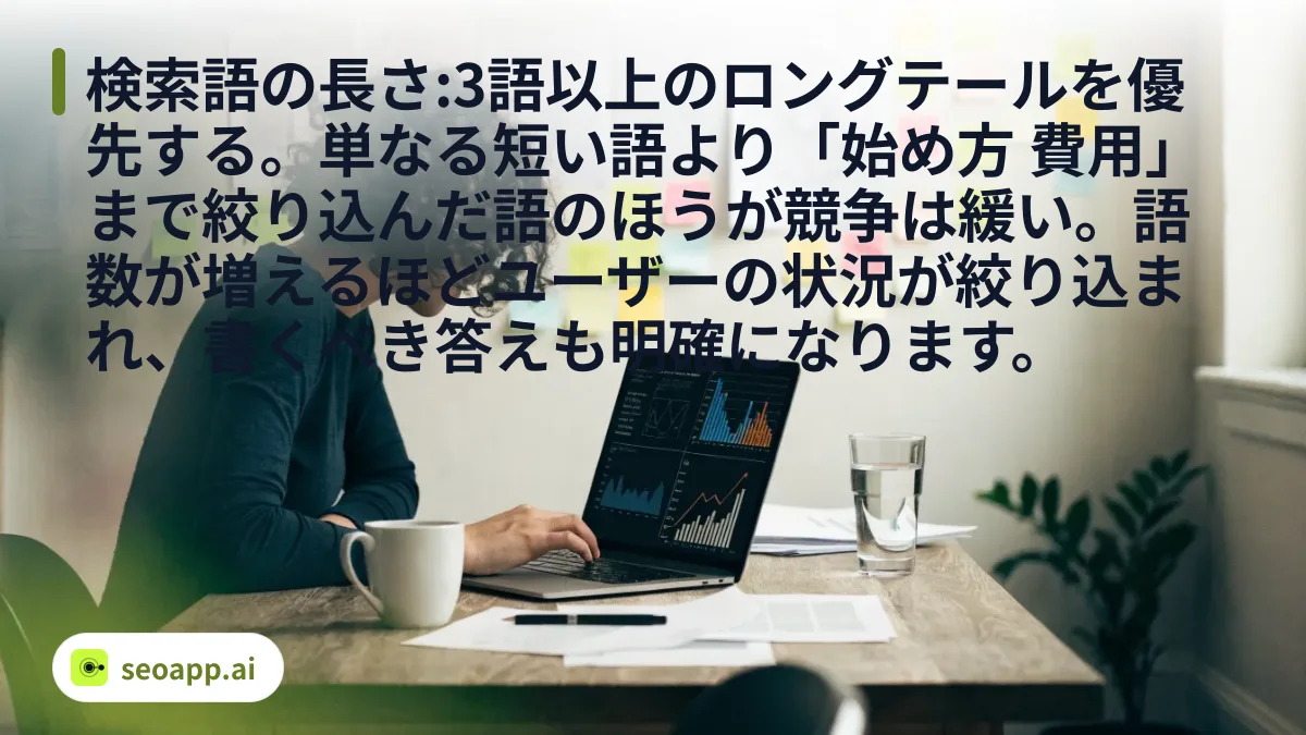 検索語の長さ:3語以上のロングテールを優先する。単なる短い語より「始め方 費用」まで絞り込んだ語のほうが競争は緩い。語数が増えるほどユーザーの状況が絞り込まれ、書くべき答えも明確になります。 - 企業向けSEO