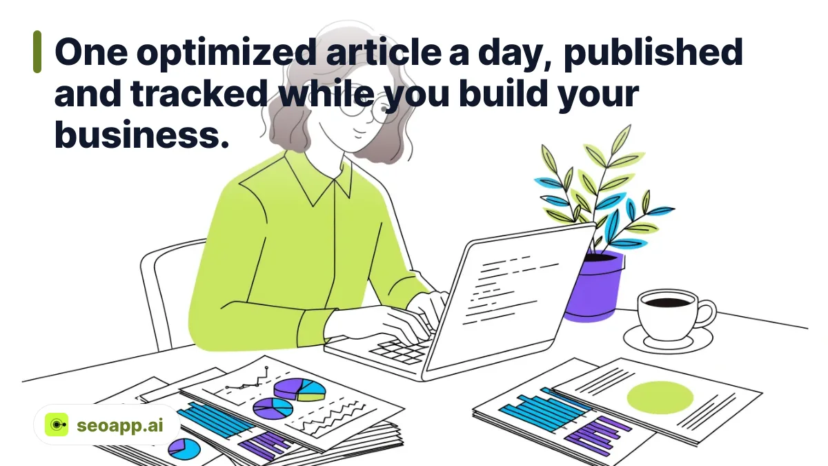One optimized article a day, published and tracked while you build your business.